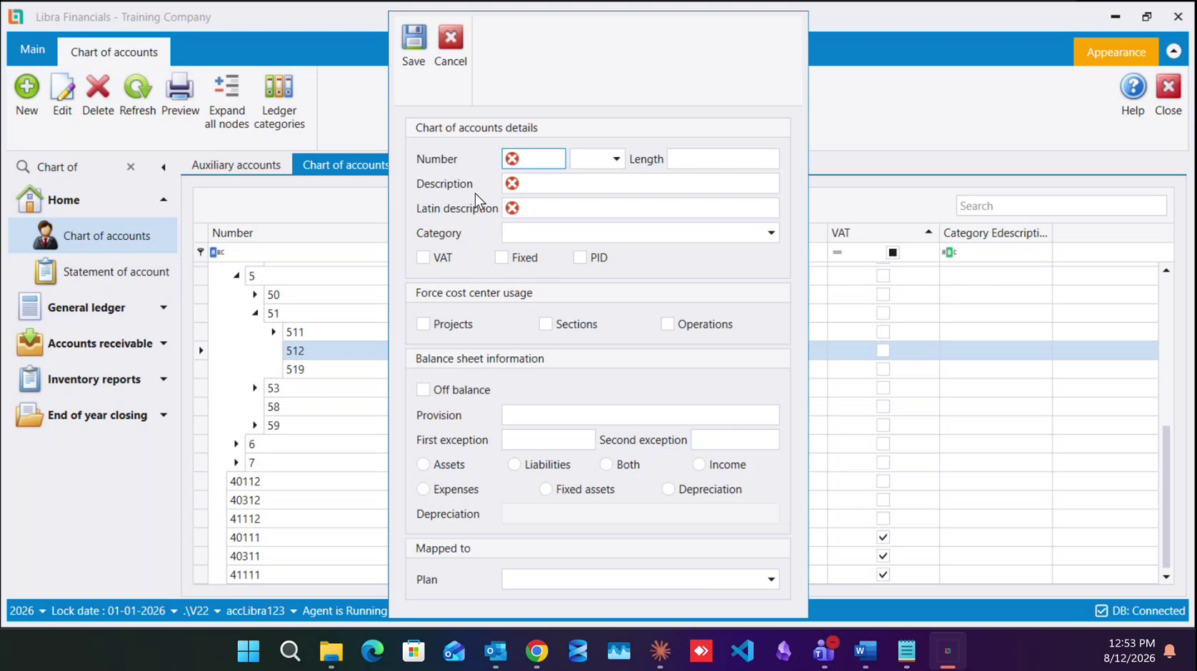 The Chart of accounts details dialog, opened from the chart to add an account