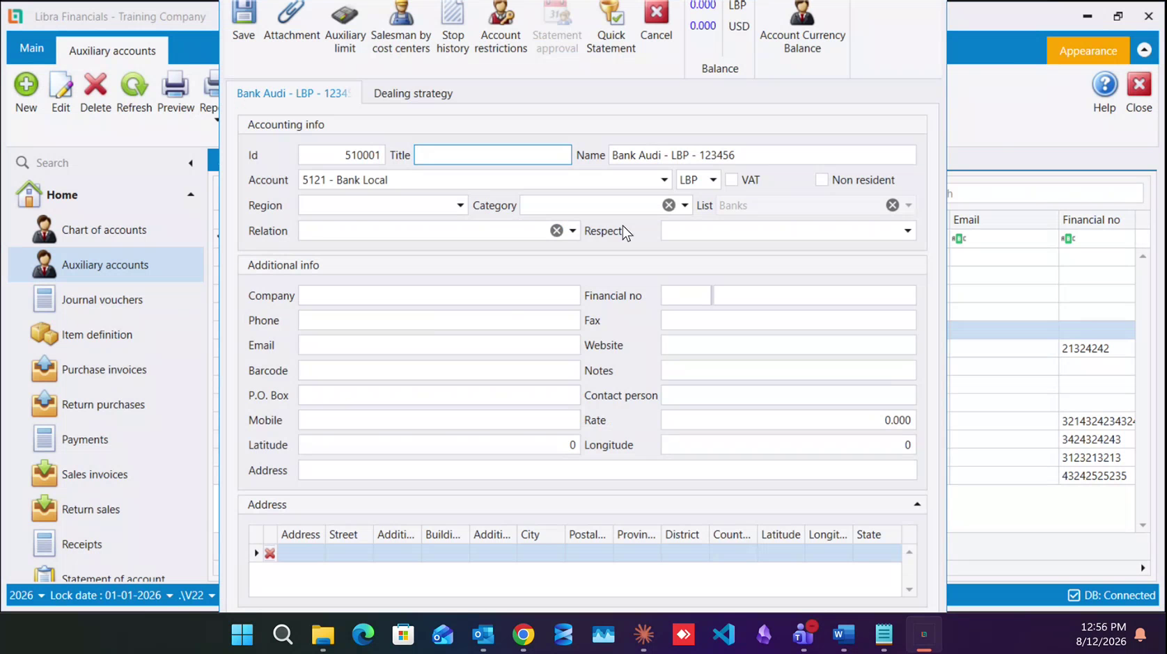 A saved bank record: Id 510001, named Bank Audi - LBP - 123456, on account 5121 - Bank Local, with List greyed out