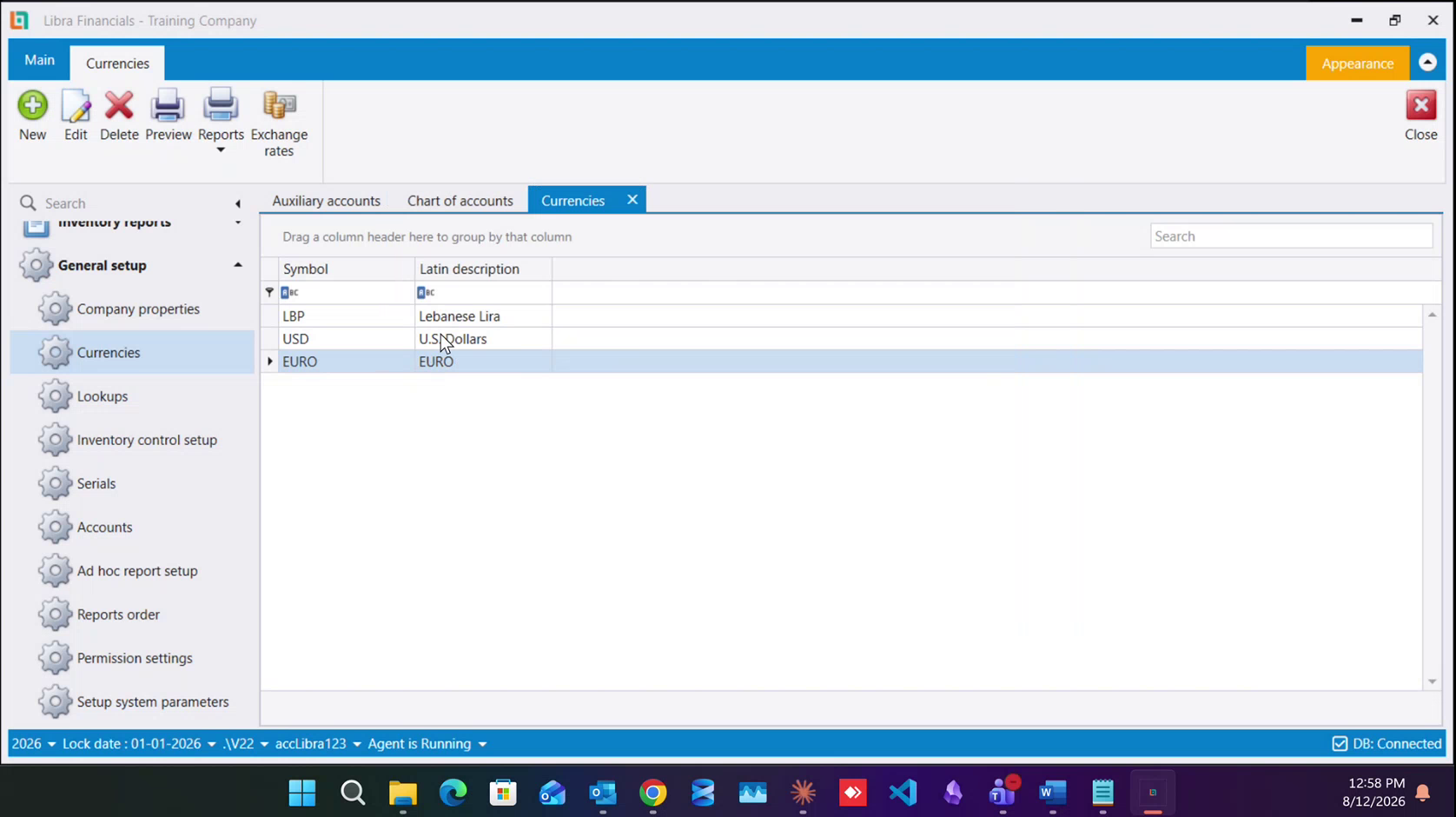 The Currencies screen under General setup, listing LBP, USD and EURO, with the Exchange rates button in the toolbar