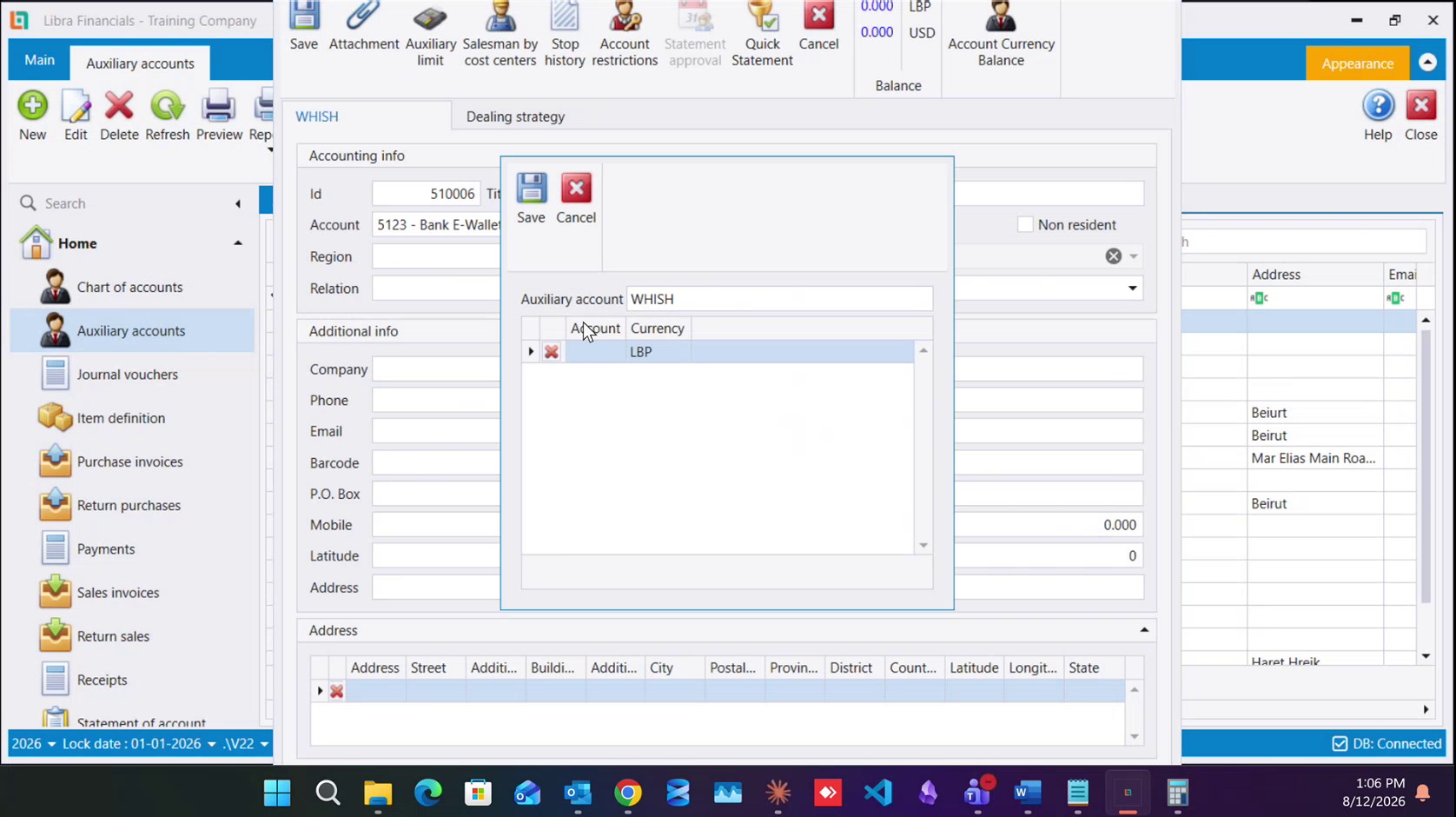 The Account restrictions dialog on the saved WHISH record (Id 510006, account 5123 - Bank E-Wallets): Auxiliary account WHISH above an Account / Currency grid