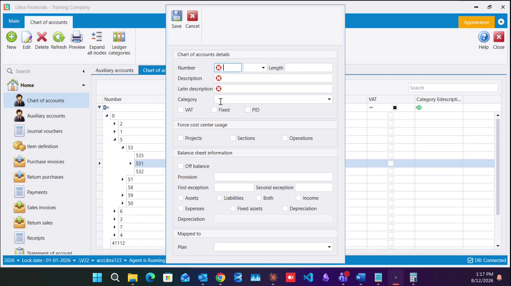The Chart of accounts details form opened on 531, with Number, Description, Latin description and the VAT / Fixed / PID checkboxes