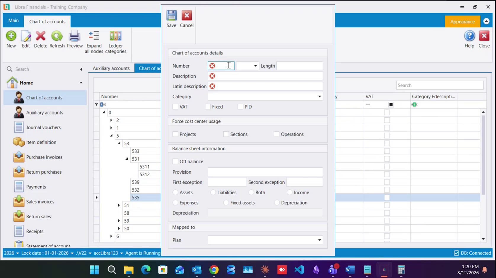 The Chart of accounts details form: the Force cost center usage panel with Projects, Sections and Operations checkboxes