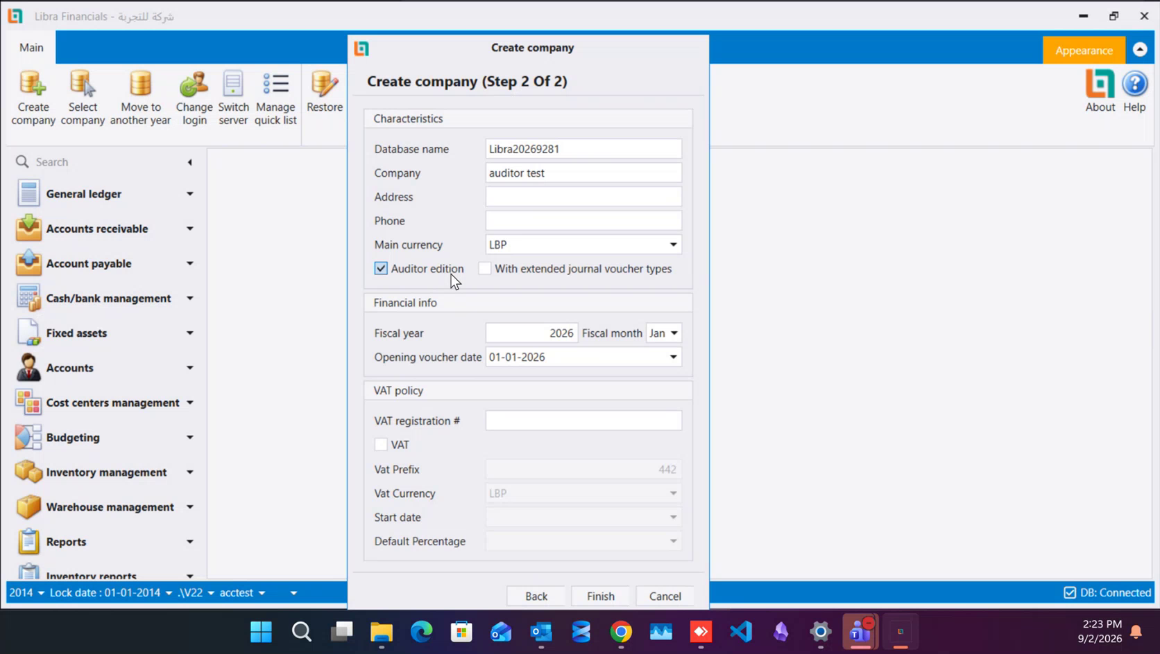 Create company, step 2 of 2: the Characteristics panel with Auditor edition ticked, beside the Financial info and VAT policy panels