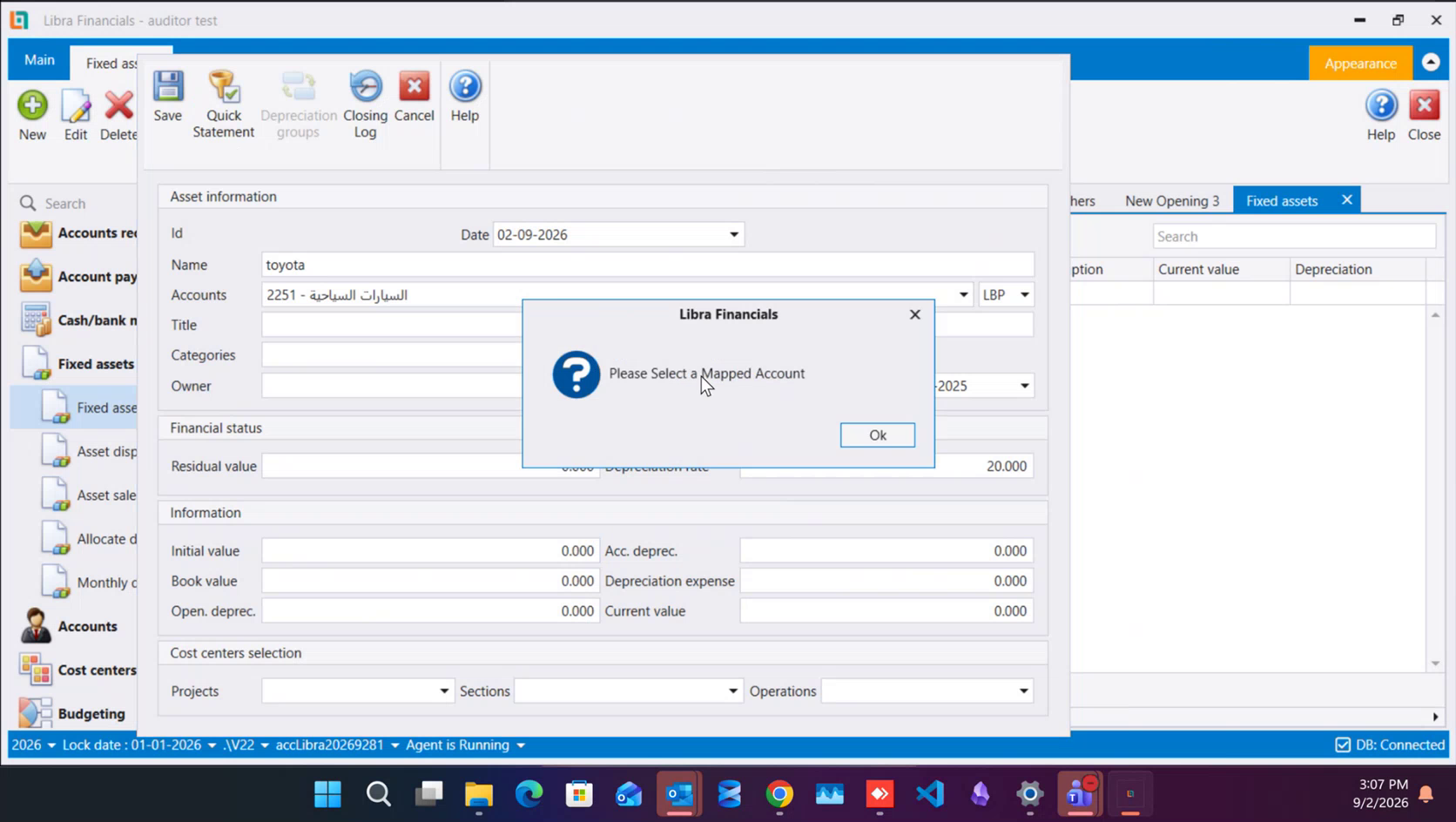 A dialog titled Libra Financials reading «Please Select a Mapped Account», with an Ok button, over the same asset card with Depreciation rate still reading 20.000