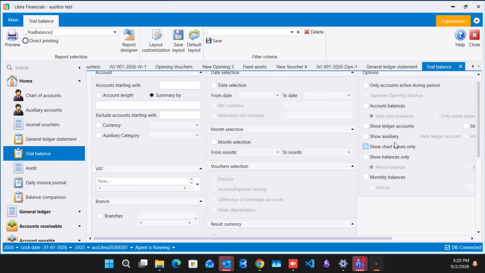 Trial balance criteria screen, with the named Filter criteria box and Save button in the ribbon above the account, date and options panels