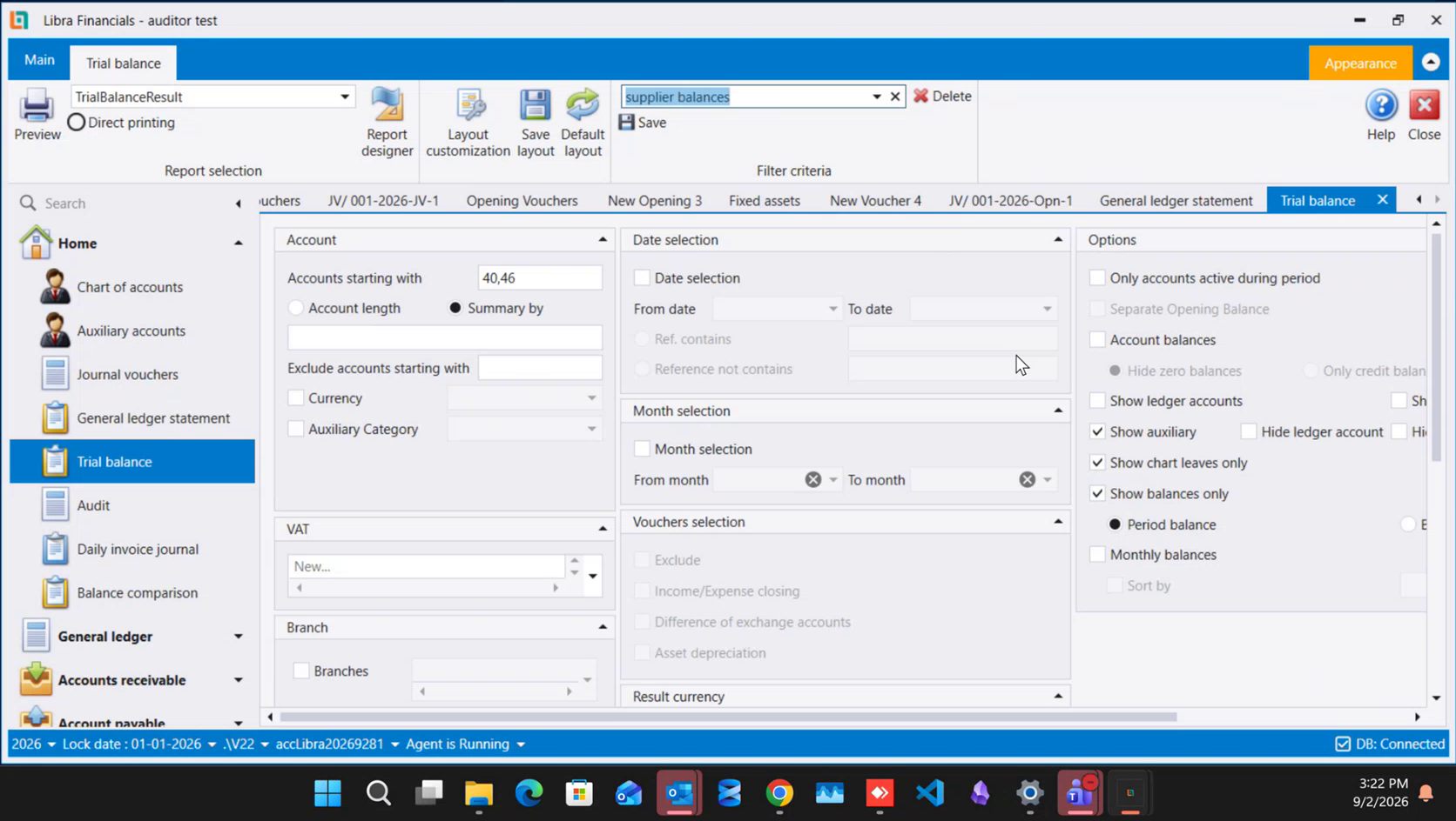 The Trial balance criteria screen: a named set showing in the Filter criteria box beside Save, an Account panel reading 40,46 with Summary by selected, and an Options panel with Show auxiliary, Show chart leaves only, Show balances only and Period balance ticked
