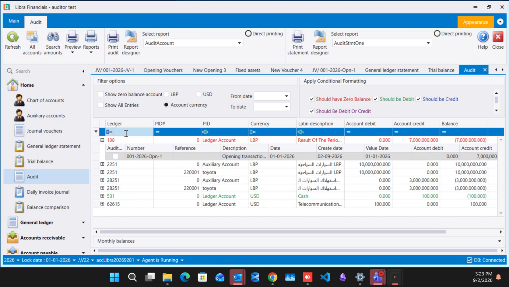 The Audit screen with an account row expanded, showing the per-line grid and its Audit checkbox column beside Number, Reference, Description and Date