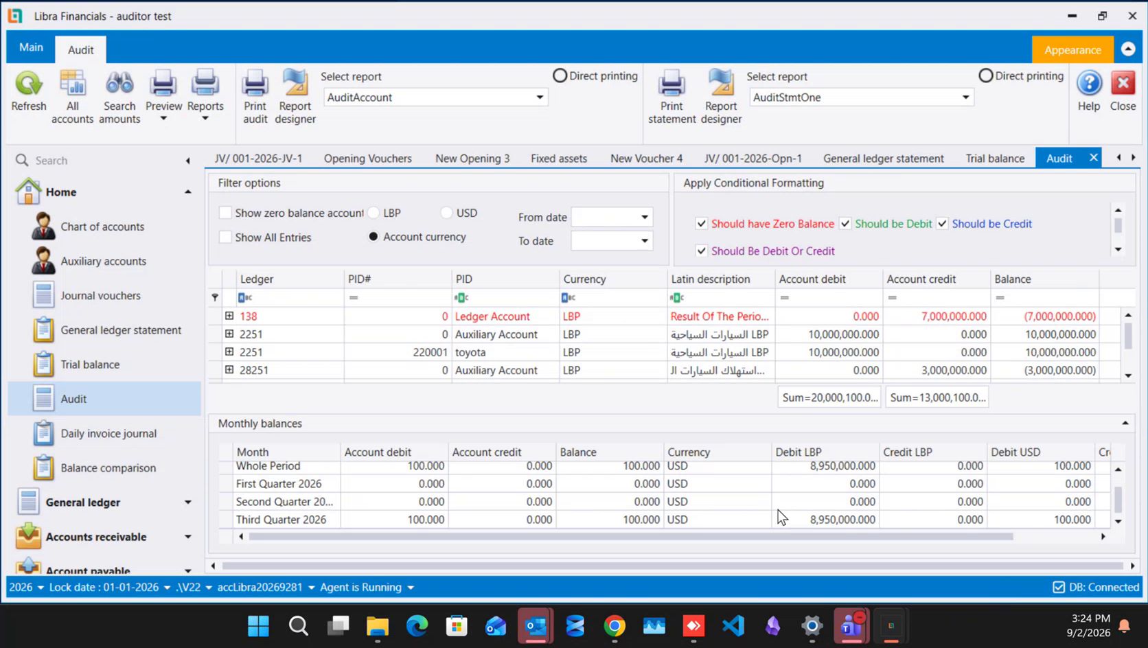 The same screen with the Monthly balances panel open, listing a Whole Period line and First Quarter 2026, Second Quarter 2026 and Third Quarter 2026 rows with debit, credit and balance columns, above a footer showing the summed debit and credit of the filtered rows